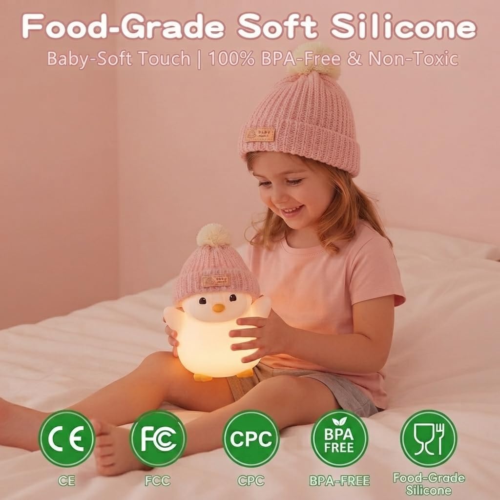 Penguin Night Light for Kids, Squishy Silicone Nursery Lamp | Touch Control, 24-Hour Battery, 20-Min Timer, 3000K Warm LED, BPA-Free Silicone, Nursery Decor, Gift for Kids
