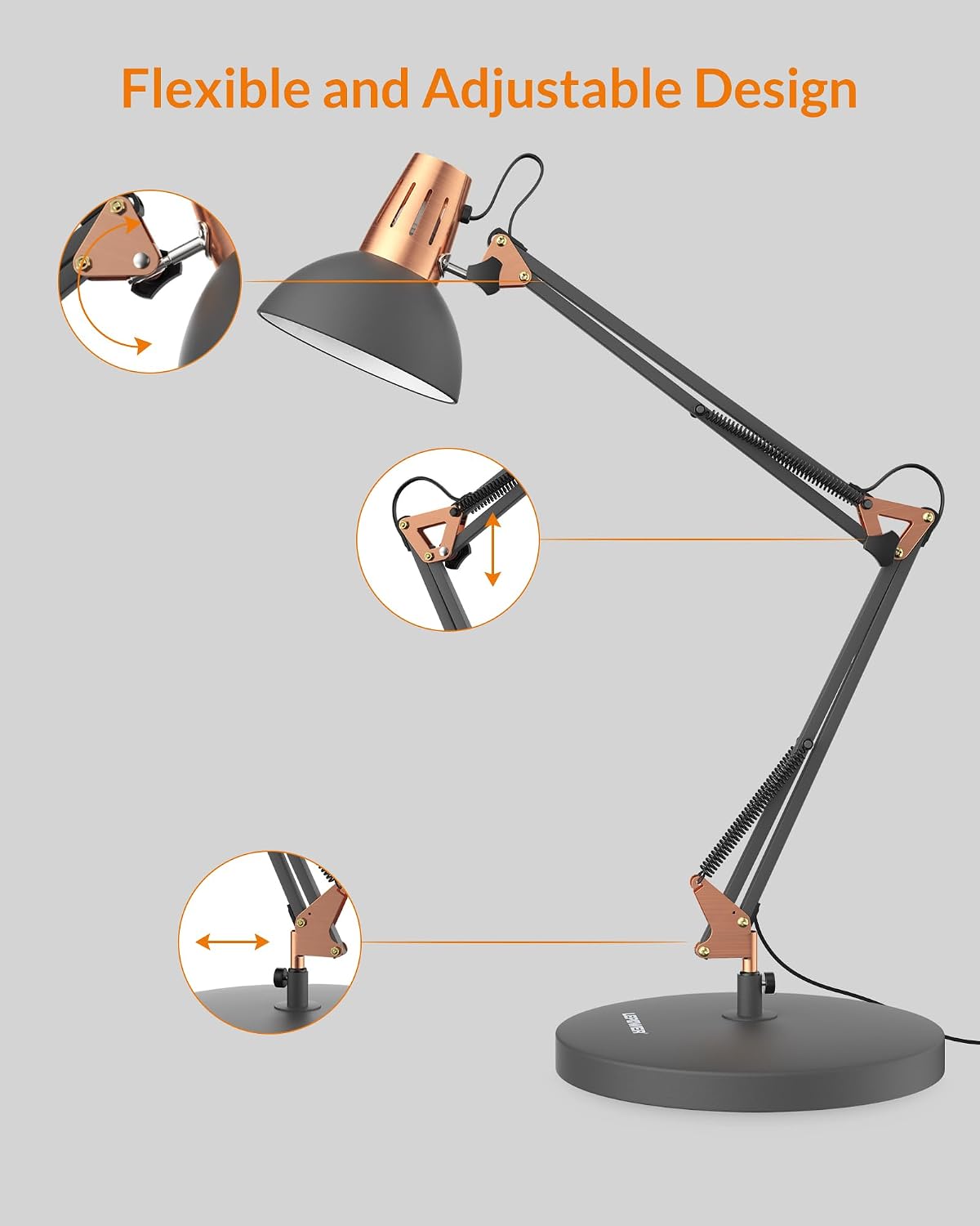 LEPOWER Metal Adjustable Desk Lamp with Clamp, Swing Arm for Home Office | Gooseneck, Architect Style, Eye-Caring Table Lamp, On/Off Switch, E26 Base, Reading for Dorm, Bedroom, Study, Back to School