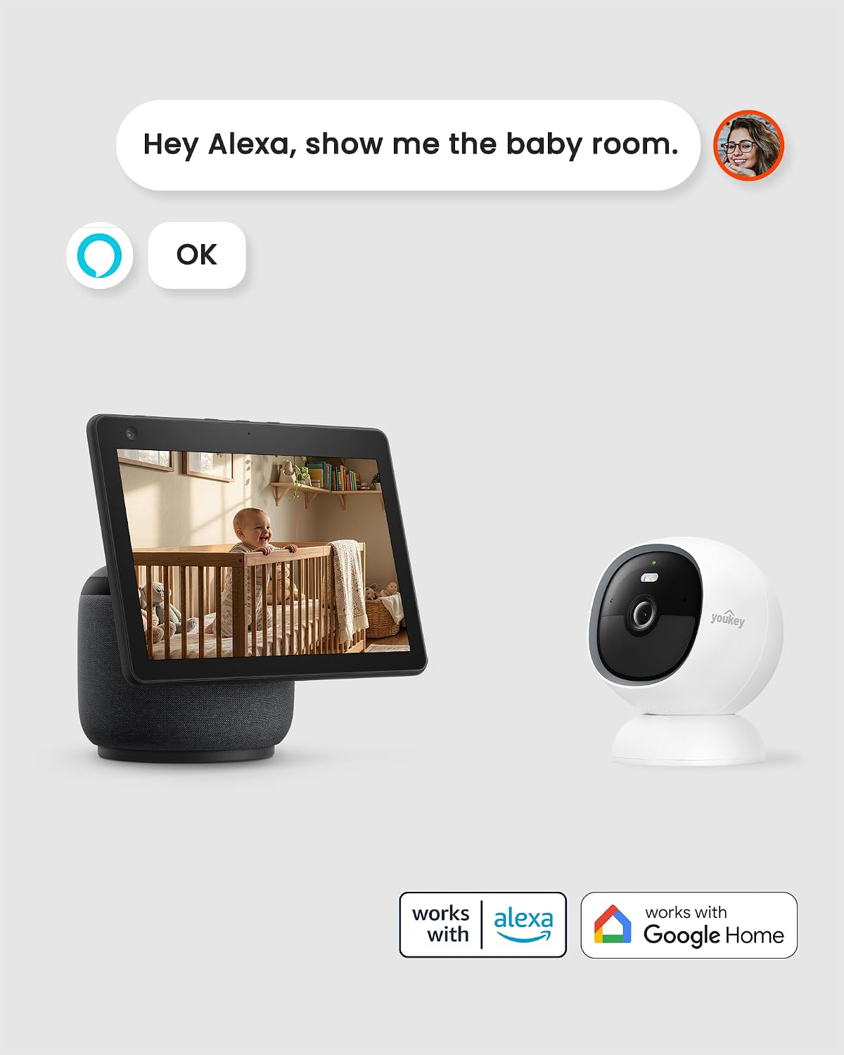 youkey Magnetic Indoor Security Camera Wireless, 2K Battery Powered Camera, No Subscription, Built-in 8GB Storage, Wire-Free for Renters, Compatible with Alexa & Google, Pet/Baby Monitor(S320)