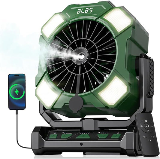BLBS Misting Fan, Portable Camping Fan with 11oz Water Tank, 160Min Misting, 24000mAh Battery Powered Fans with 4 Speeds, 4 Timers, Light & Hook, Must-Have for Camping, Fishing, Beach & Hiking