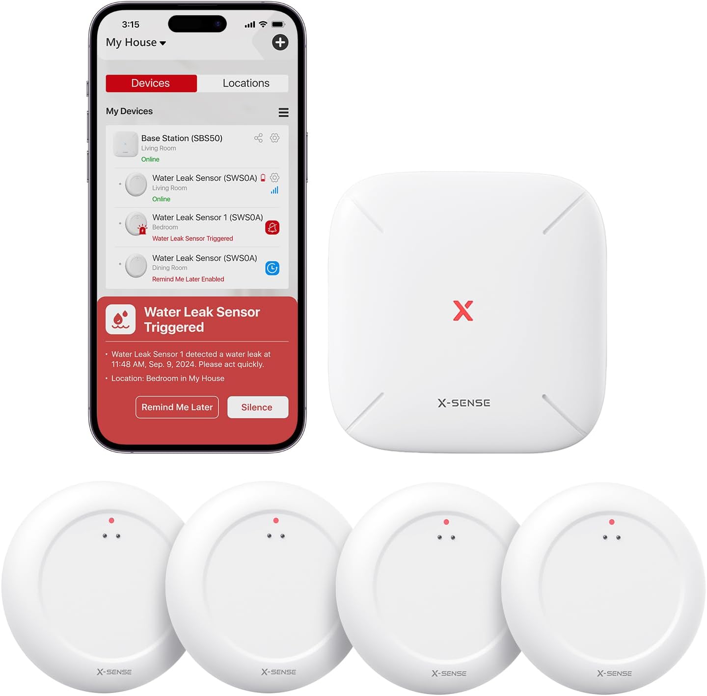 X-Sense Ultra-Slim Wi-Fi Water Leak Detector, 4 Sensors + Base Station | 0.7 in Thin Design, Real-Time Alerts, Detects Water as Low as 0.4 mm, 1700 ft Range, Under Appliances & Behind Toilets