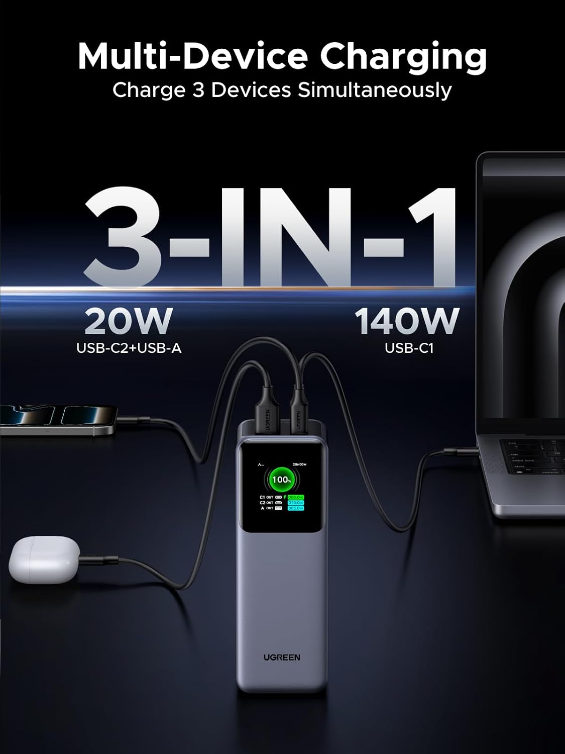 UGREEN Nexode 25000mAh 200W PD 3.1 TFT 3-Port Power Bank | TFT smart display, 90Wh, PD 3.1 fast for laptops. Supports MacBook Pro/Air, Dell, iPhone 17