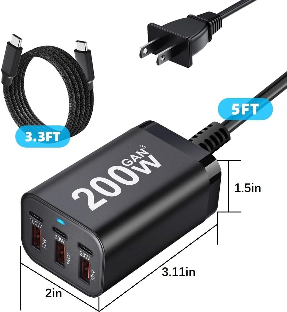 200W USB C Charger Block, 6 Port PD 100W 65W GaN Charger Station | Multi port USB C Charging Station for MacBook Pro/Air, iPad, iPhone, HP/DELL Laptop, Samsung Galaxy, Steam Deck, Pixelbook