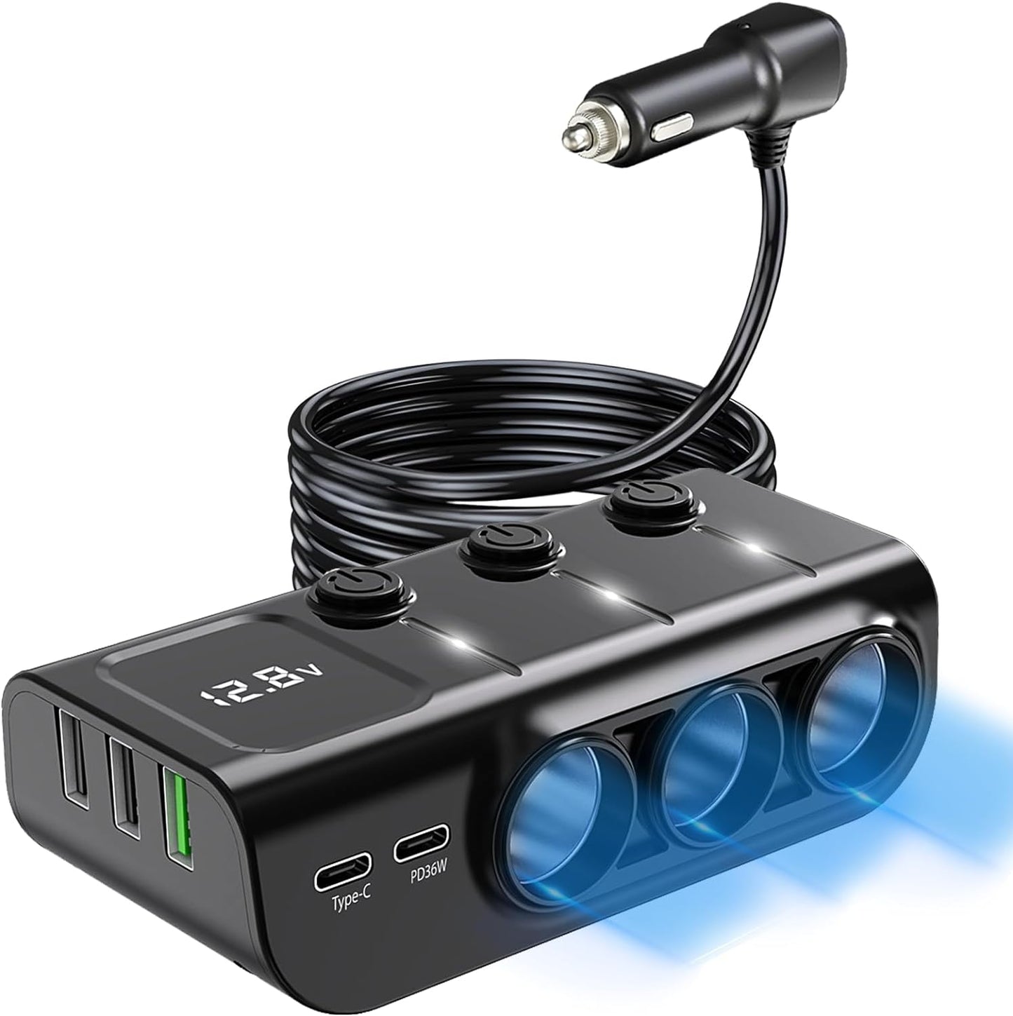 LIHAN 120W Car Splitter, 3 Cigarette Sockets Adapter, 5 USB, PD36W 8-in-1 | Power dashcam, GPS and more with 3 outlets, 5 USB ports, PD36W USB-C fast charging 3.3FT cord ,voltage monitor for RVs,Cars