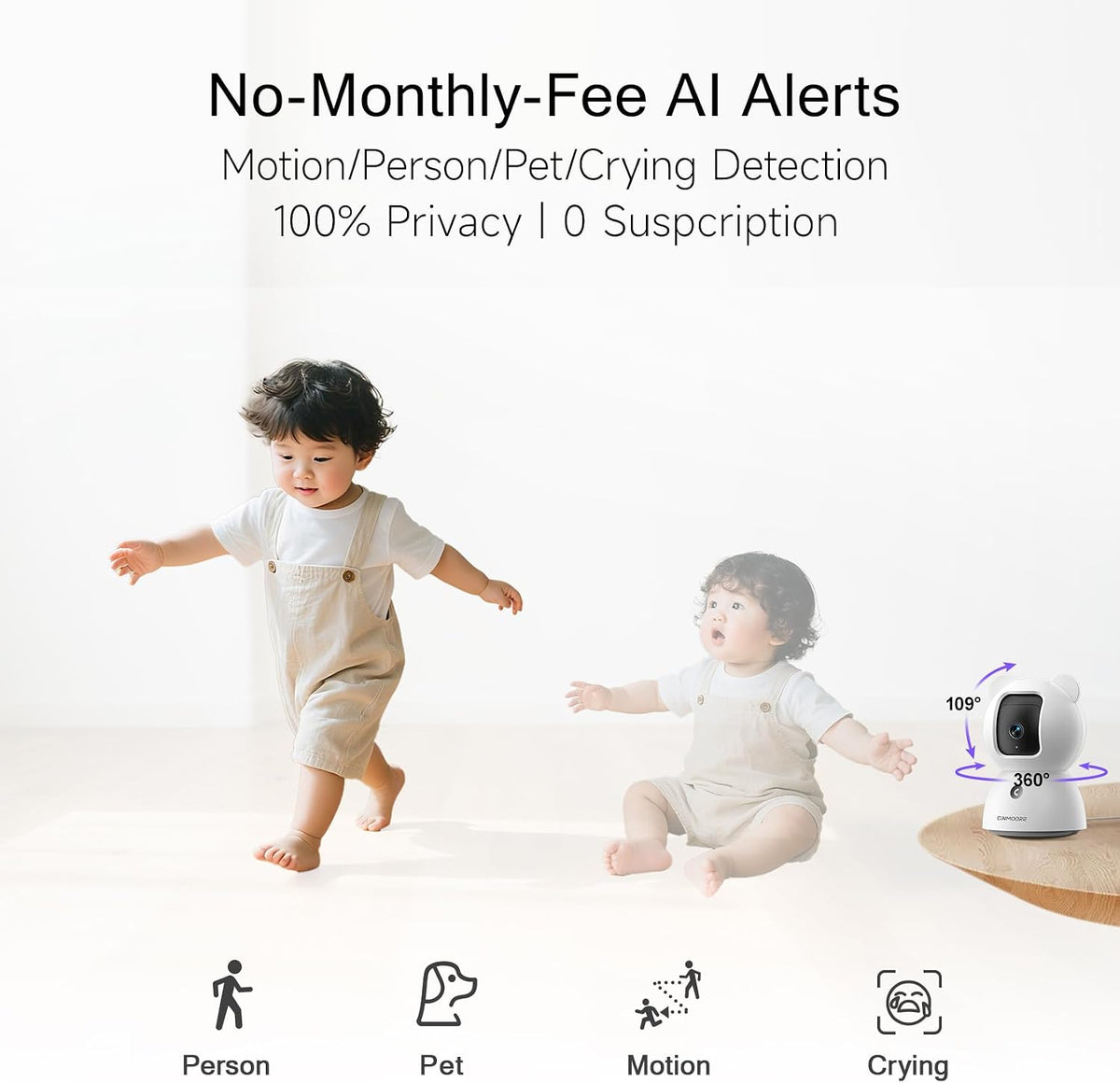 2.5K Indoor Security Camera, Free AI Person/Pet/Cry Detection, 4MP Baby Monitor/Dog/Cat/Pet Camera with Phone App, Pan Tilt 2.4GHz WiFi, Night Vision, Full Duplex Audio for Home Security
