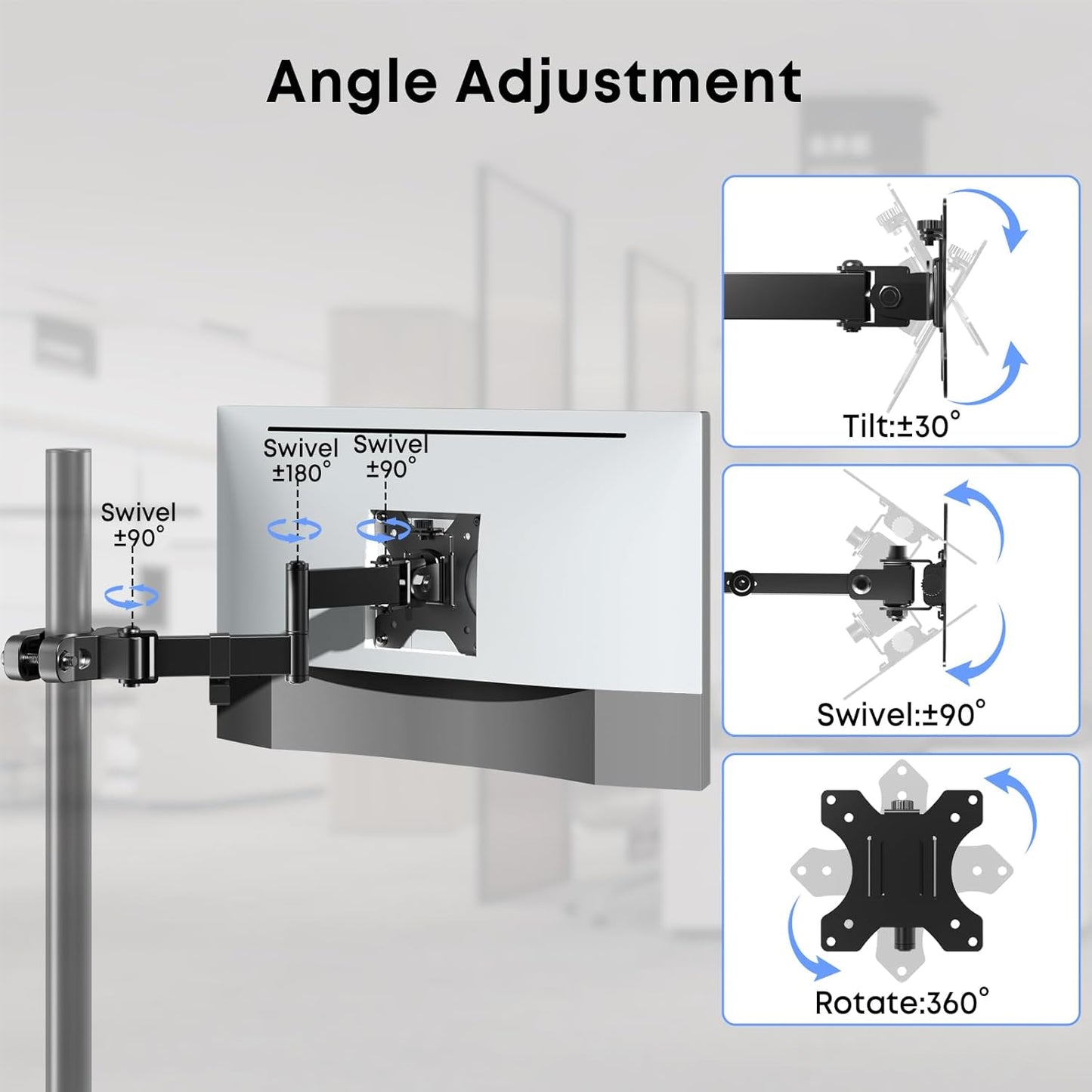 Pole Mount Monitor Arm for 17-32" Screens,17.6 lbs, VESA 75/100mm | Easy Clamp-on VESA Mount , Perfect Solution When Wall or Desk Mounting Isn't Possible, Black