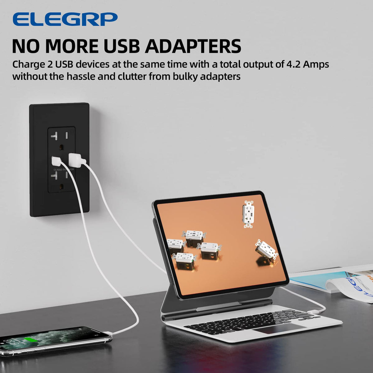 ELEGRP USB Charger Wall Outlet, USB Receptacle with Type A & Type C USB Ports, 20 Amp Duplex Tamper Resistant Receptacle Plug, Wall Plate Included, UL Listed (10 Pack, Matte Black)