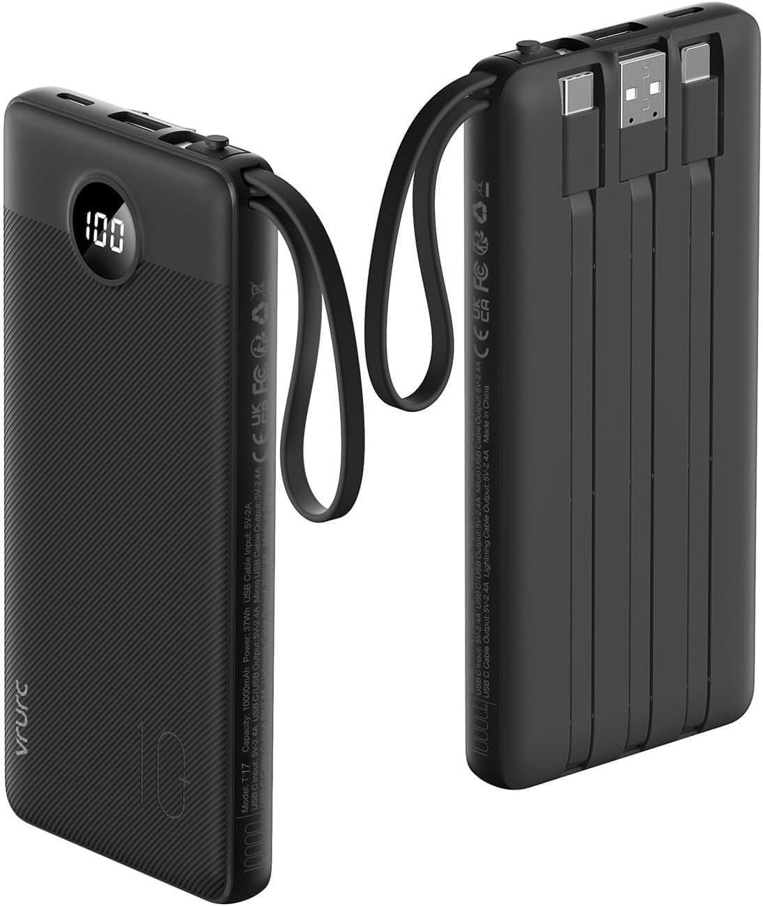 VRURC Portable Charger, 20W PD Fast Charging Power Bank Built in 4 Cables | 10000mAh Compact Portable Phone Charger, 5 Outpputs USB C Battery Pack for iPhone, Samsung & Multi Devices-Black(1 Pack)