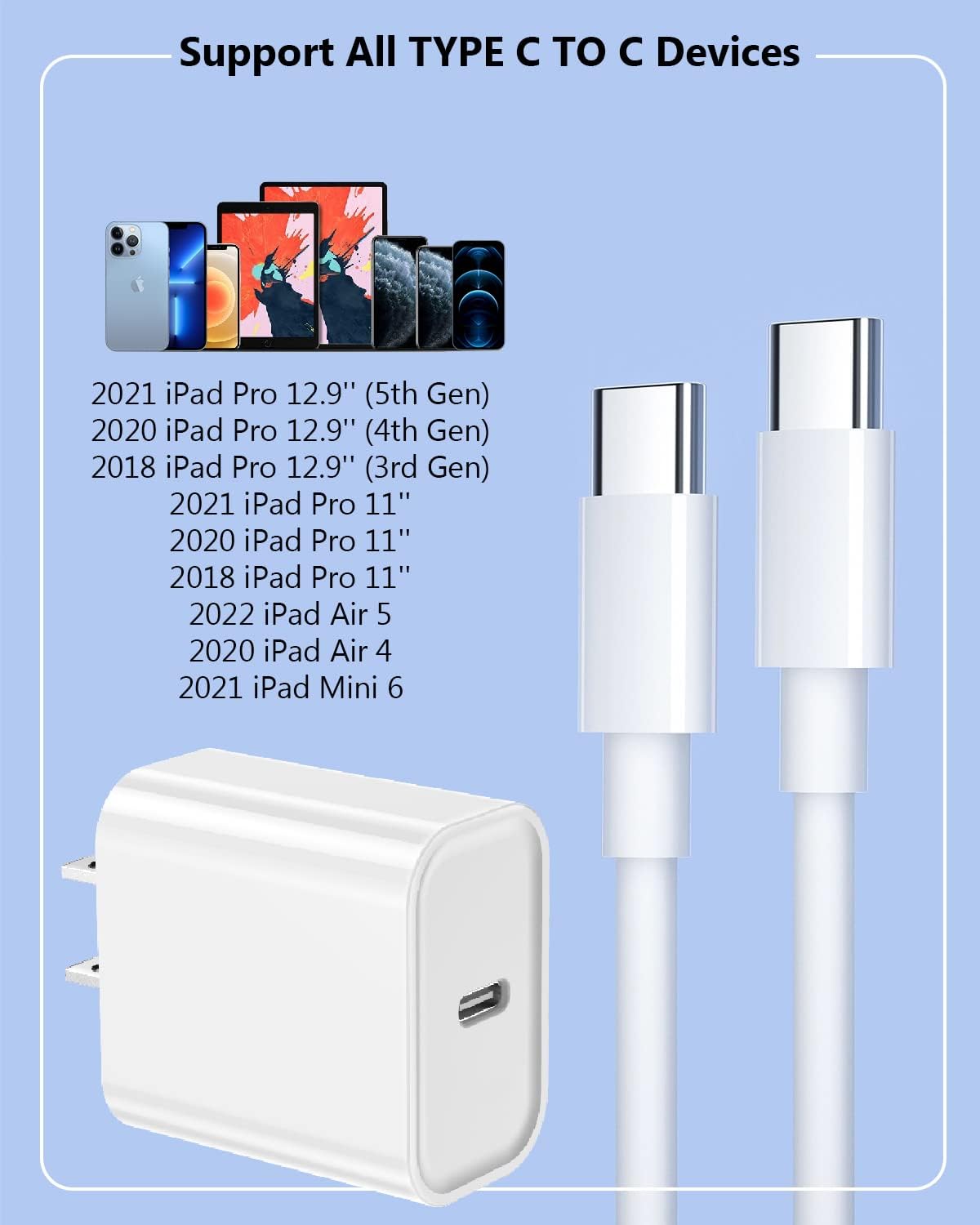 10FT Fast iPad Charger, iPad Pro Charger Cord [2Pack] 10FT USBC to USB C Cable iPad Cord 20W USB C Charger iPad Charging Block for iPad 10,iPad Mini 6,iPad Air 5/4,iPad Pro 12.9/11 inch 2020/2021/2022