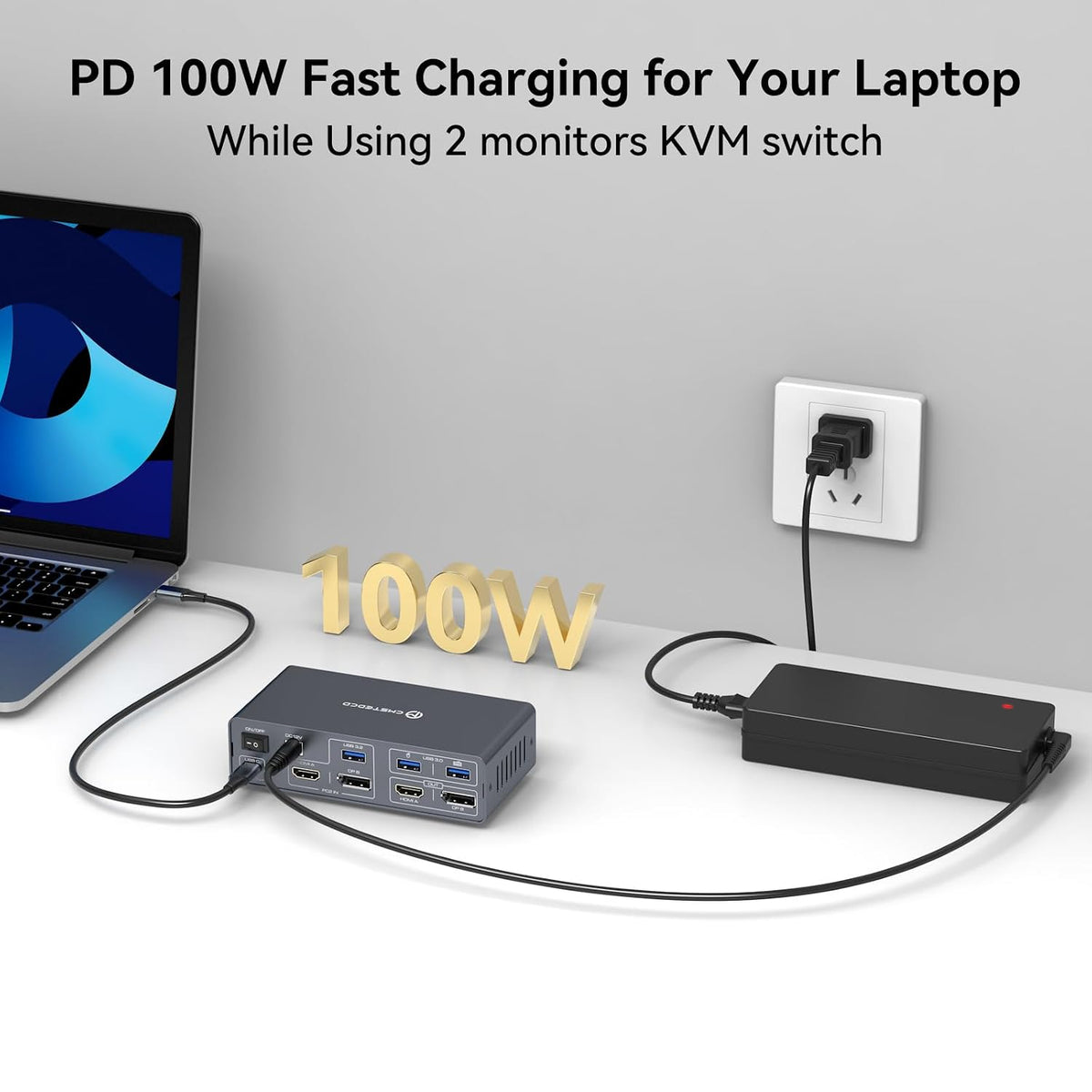 KVM Switch 2 Monitors 2 Computers Docking Station USB C + HDMI/DP Input with 100W PD, 4K60Hz/4K120Hz Displayport HDMI Dual Monitor for Laptop and Desktop Share 13-in-1 Dock Aluminum Case Plug and Play