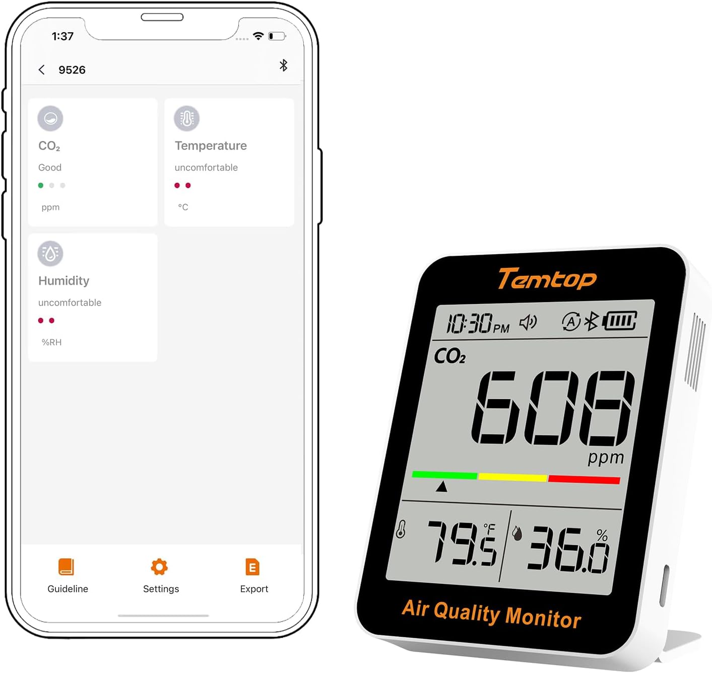 Temtop C1+ CO2 Monitor, Indoor Air Quality Monitor with BLE App | Portable CO2 Meter, CO2 Temperature Humidity Detector, Real-Time Data Sync for Home, Office, School, Baby Room