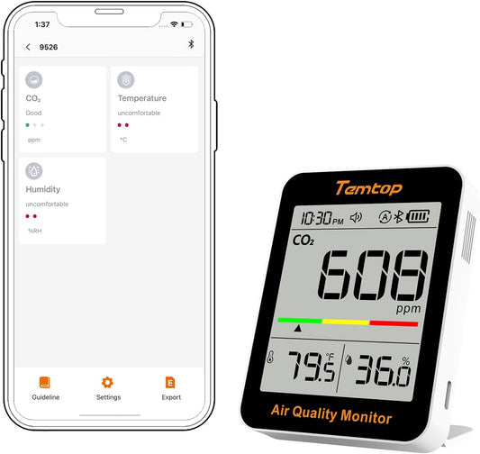 Temtop C1+ CO2 Monitor, Indoor Air Quality Monitor with BLE App | Portable CO2 Meter, CO2 Temperature Humidity Detector, Real-Time Data Sync for Home, Office, School, Baby Room