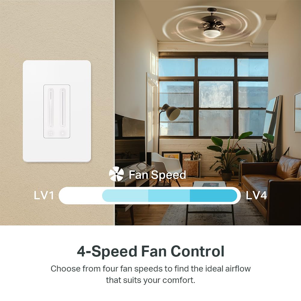 Kasa Smart Ceiling Fan Control & Dimmer Switch | Adjustable 4-Speed Fan & Brightness Control | Works w/Apple HomeKit, Alexa & Google Home | 2.4G Wi-Fi Only, Single Pole, Neutral Wire Required | KS240