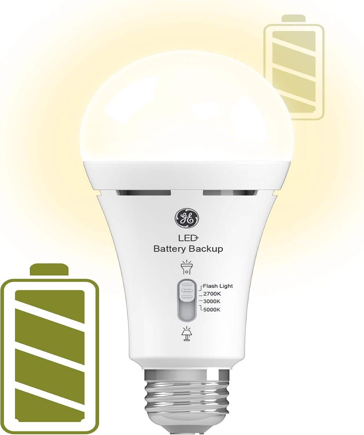 GE LED+ Battery Backup Emergency Light Bulbs A21, 3 Colors, 2 Pack | Stays on during power outages, built-in rechargeable battery, 3 color temperatures, A21 LED, flashlight mode, emergency ready