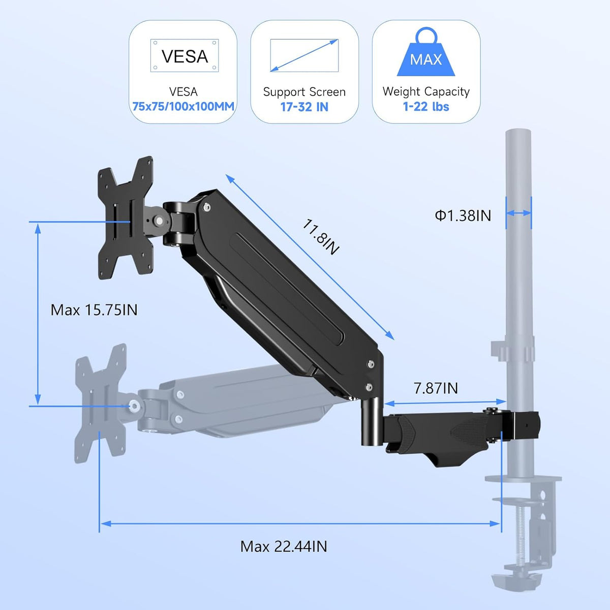 Pholiten Single Monitor Arm, Gas Type, Double Articulated
