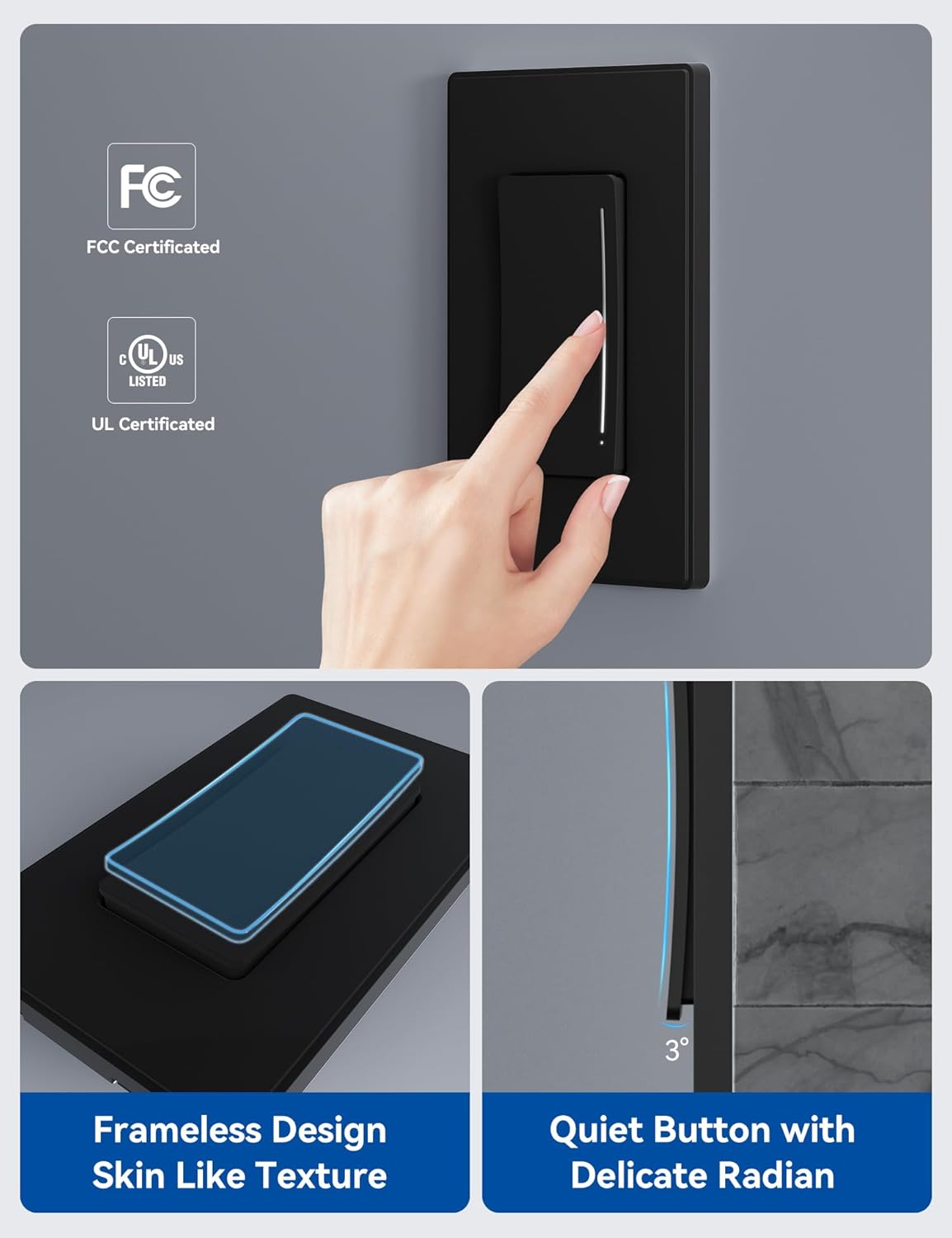 ELEGRP Smart Dimmer Light Switch DTR10, Single Pole Setup, 2.4GHz Wi-Fi Touch Dimmer Compatible with Alexa/Google Assistant, Needs Neutral Wire, No Hub Required, UL Listed, Matte Black, 2 Pack