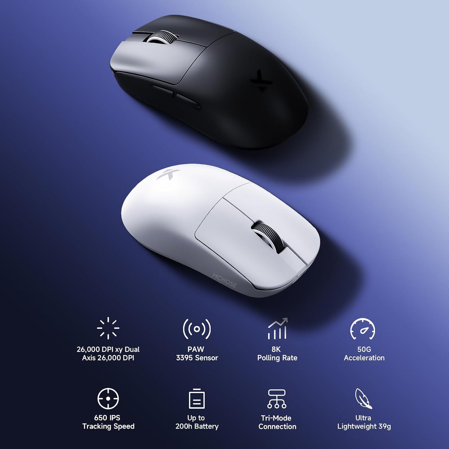 MCHOSE L7 Pro Wireless Gaming Mouse Super Light 39g, Gaming Mouse Esport with 26K DPI, Optical Switch, Programmable Buttons, Dual 8K Polling and PAW3395 Sensor, Tri-Mode Connection, PC/Mac - Black