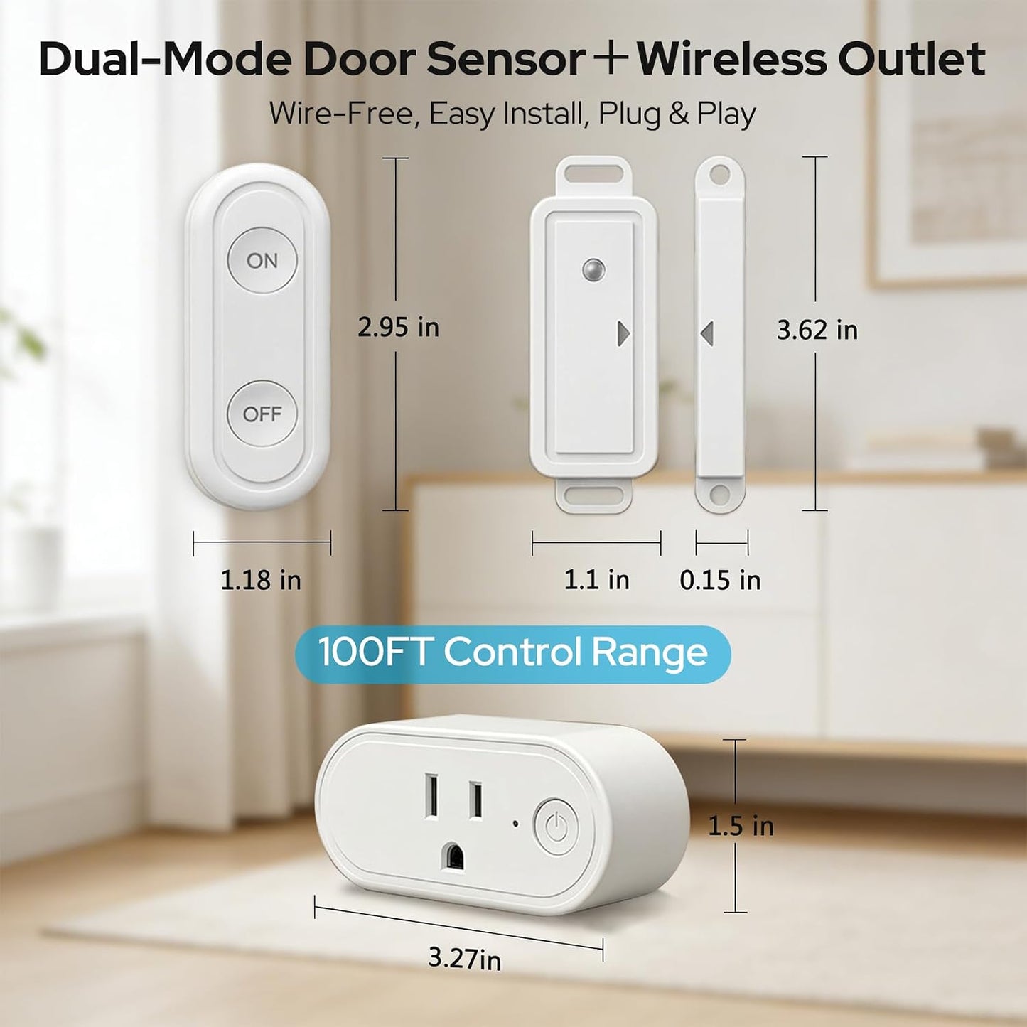 Wireless Sensor Switch Outlet Kits,100 Ft No-Wire Mini Door Sensor Switch Control Plug to Auto Turn On/Off Electrical Devices,15A/1875W for Light, Holiday Decoration, Fan