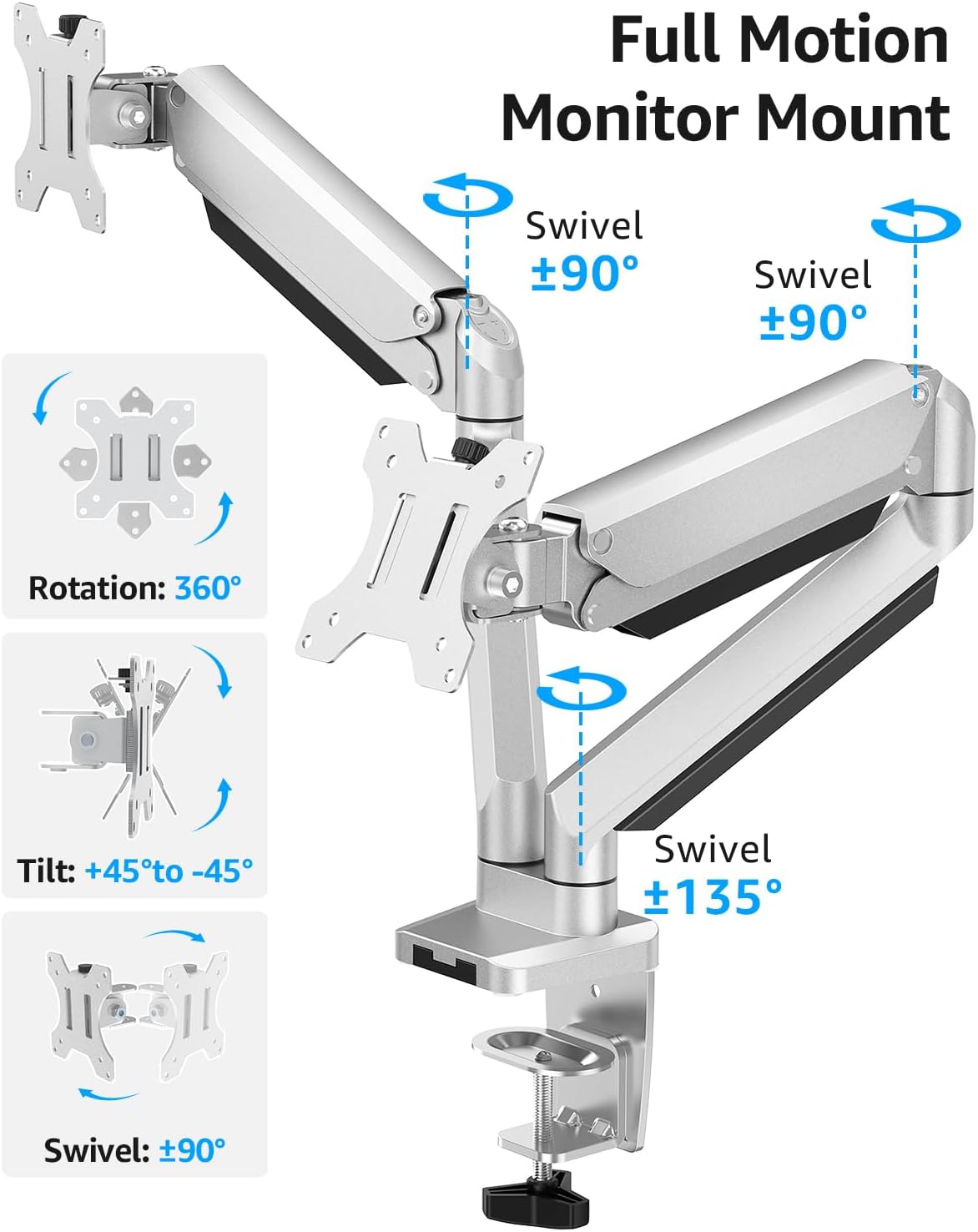 MOUNTUP Dual Monitor Desk Mount, Die-Cast Aluminum Fully Adjustable Double Monitor Arm, Computer Monitor Stand Fits 2 Screen 17 to 32 inch - Each Arm Holds 4.4-19.8LBS
