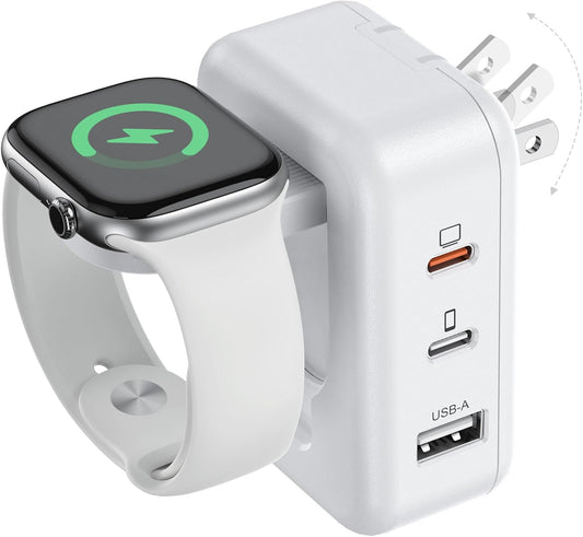 100W 4in1 Charger with Apple Watch Charging, Fast USB C Charger Block Dual Foldable Travel Essentials for iPhone 17/16/15 Series, iPad, MacBook Pro/Air, iWatch