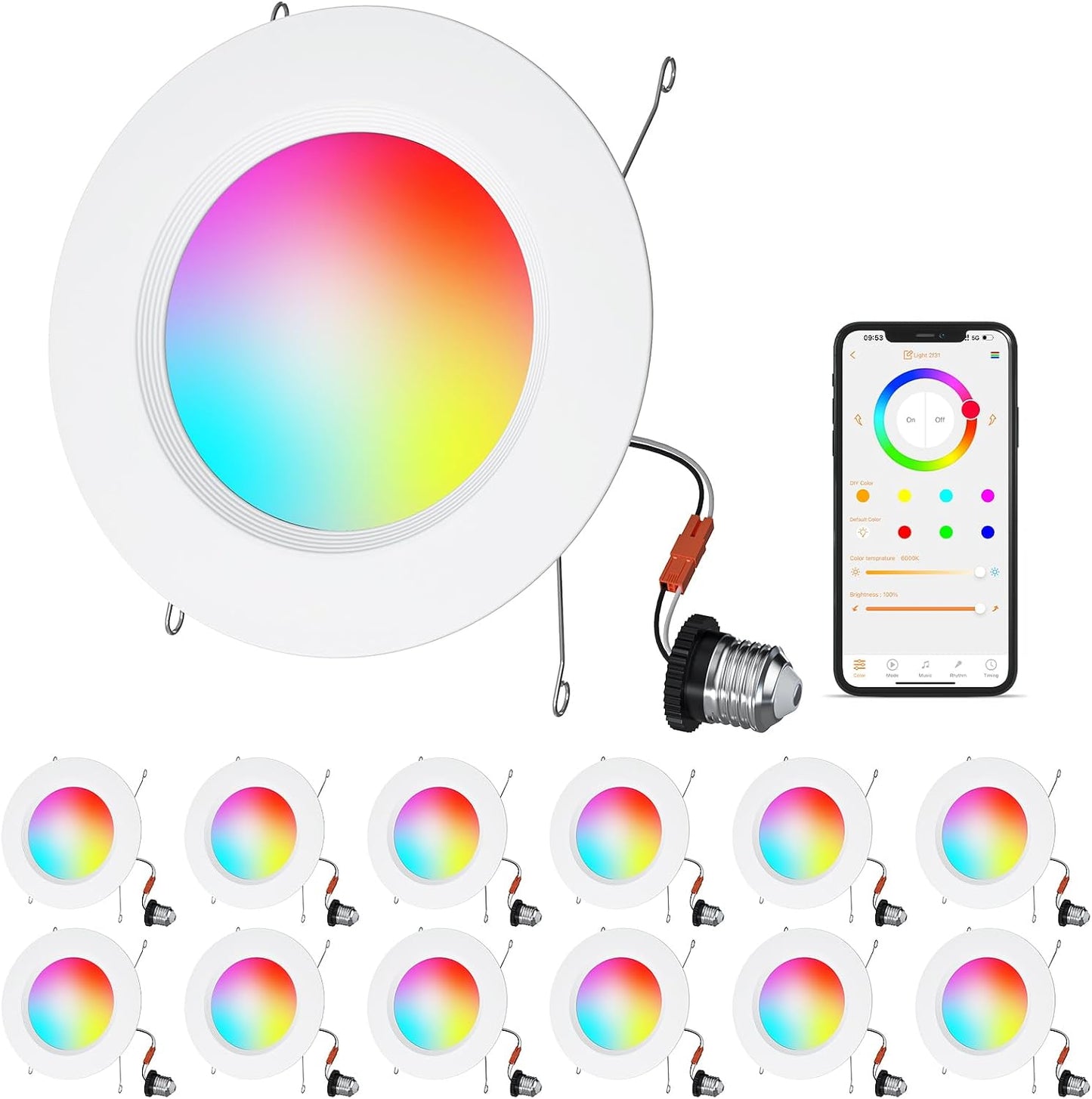 Color Changing LED Can Lights,12Pack Retrofit LED Recessed Lighting 5/6inch,13W 1050LM Smart Recessed Can Lights,Compatible with Alexa,Bluetooth APP Control,for Bedroom Kitchen Living Room