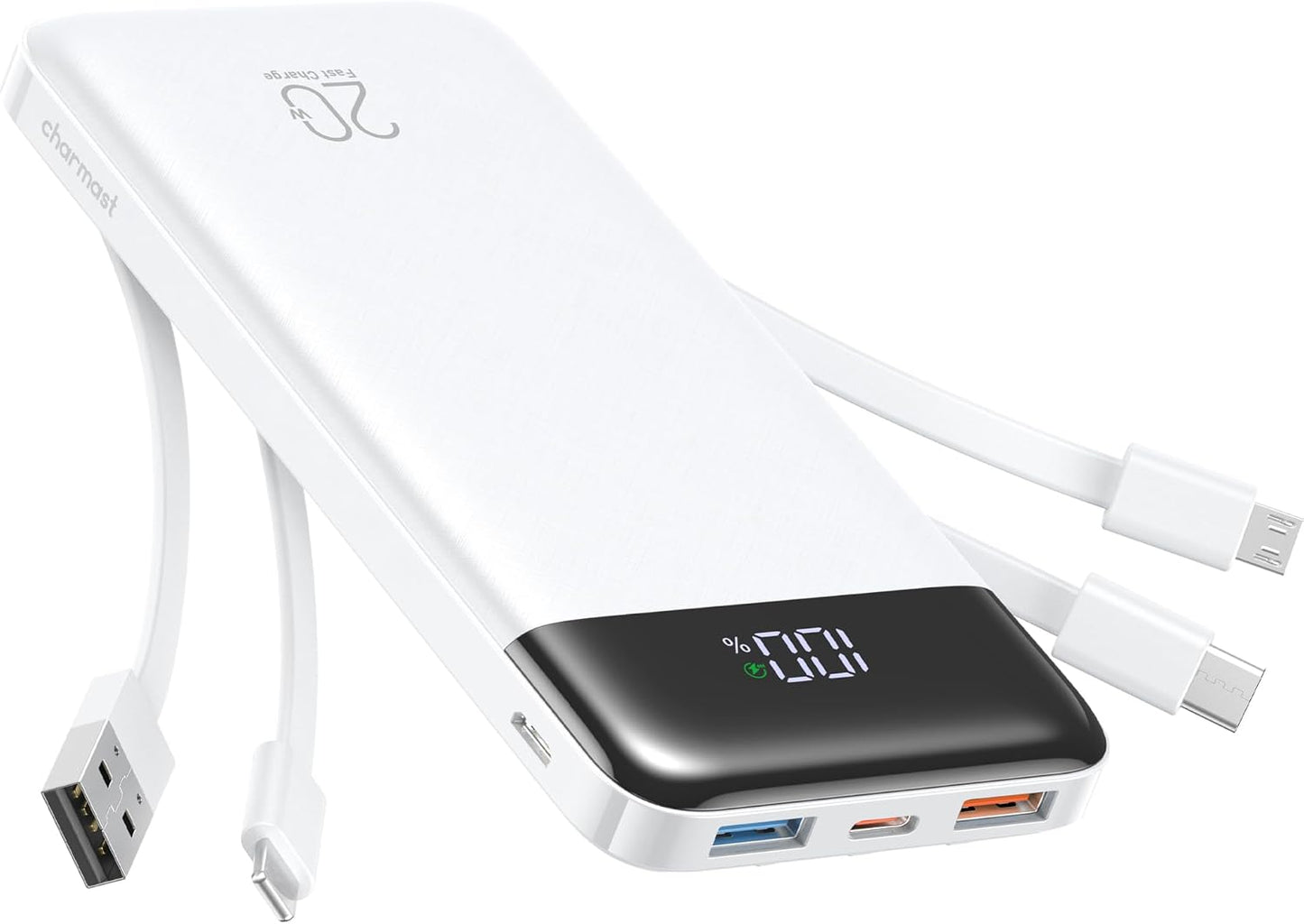 charmast 20000mAh Portable Charger with Built in Cables, 22.5W Travel Power Bank Fast Charging, USB C Cell Phone Battery Pack for iPhone 17/16/15/14/13/12 Series, iPad, Samsung, Android, Tablet
