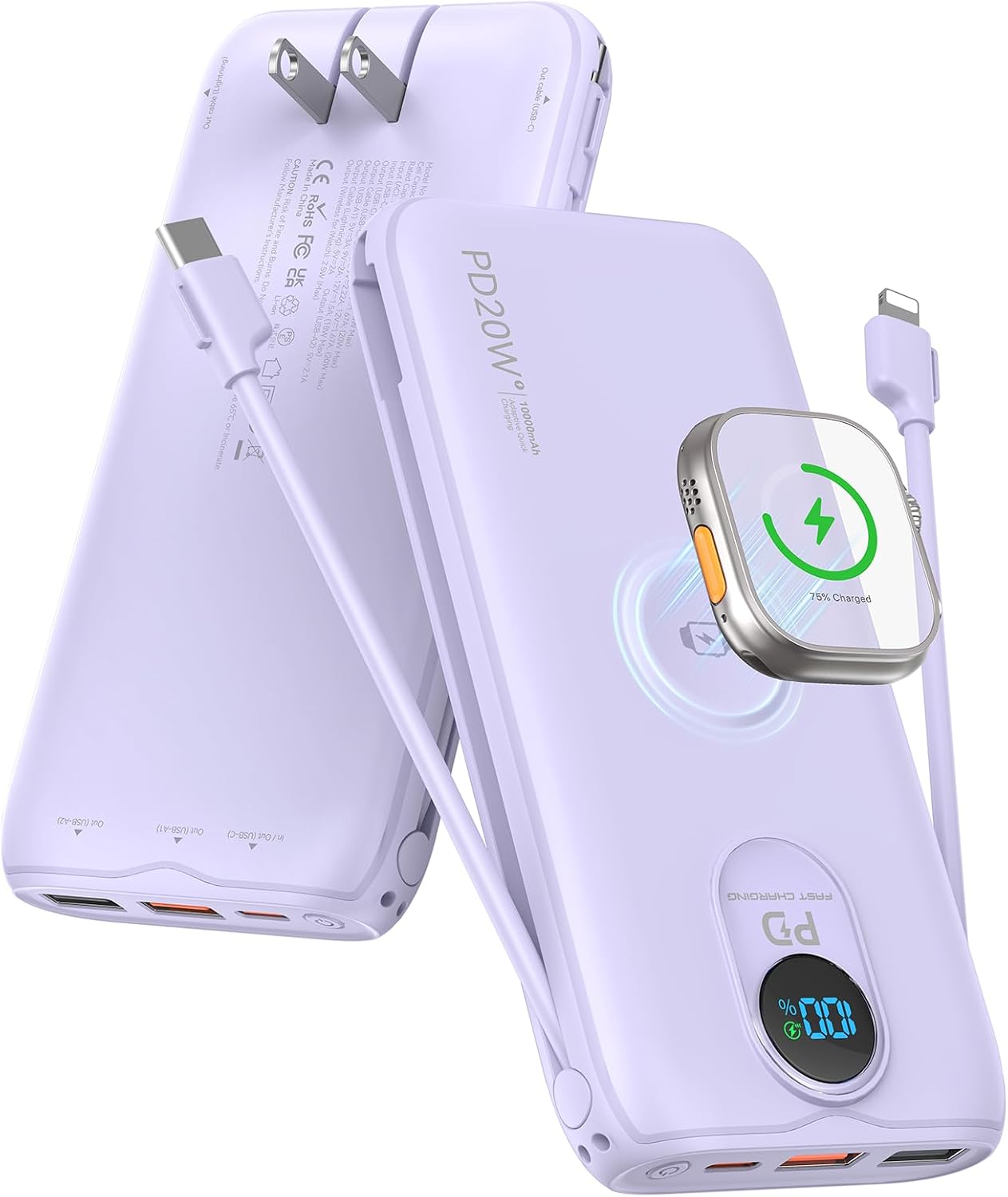Portable Charger Power Bank 10000mAh PD20W w/Built-in Cables & AC Plug | Portable charger iphone,Fast charging, Built-in wall plug, LED display, Charge 6 devices at once, Pass through charging