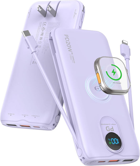 Portable Charger Power Bank 10000mAh PD20W w/Built-in Cables & AC Plug | Portable charger iphone,Fast charging, Built-in wall plug, LED display, Charge 6 devices at once, Pass through charging