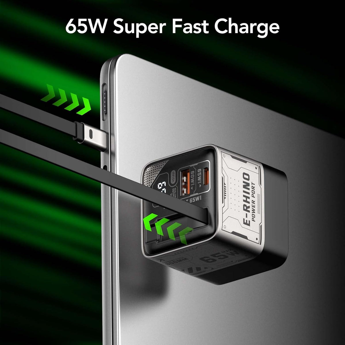 65W GaN Retractable USB-C Wall Charger, Space Silver | Built-in 2.6ft Retractable USB-C Cable, Digital Display, USB-C & USB-A Charger Block, Foldable Plug, For MacBook, iPad, Phone