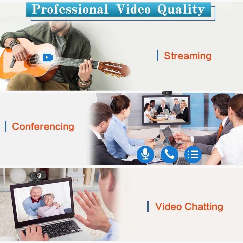1080P Webcam with Mic Privacy Cover Tripod Stand 110 FOV PC | 1080P webcam with built-in microphone, privacy cover, tripod stand, 110 degree wide angle, USB plug and play for PC laptop