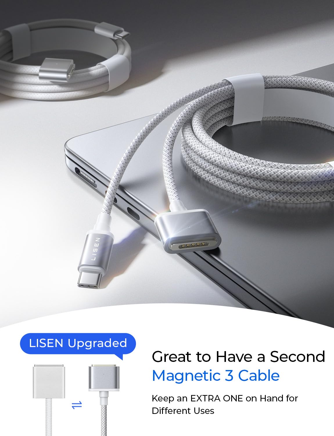 LISEN MacBook Charger USB-C to Magnetic 3 Cable (6.6FT) for M4/M3/M2 MacBook Pro Air M5 Charger, 140W Magnetic Safe 3 Cable Computer Laptop Cord for Pro (16"/14" 2026-2021) Air (15''/13'' 2026-2022)