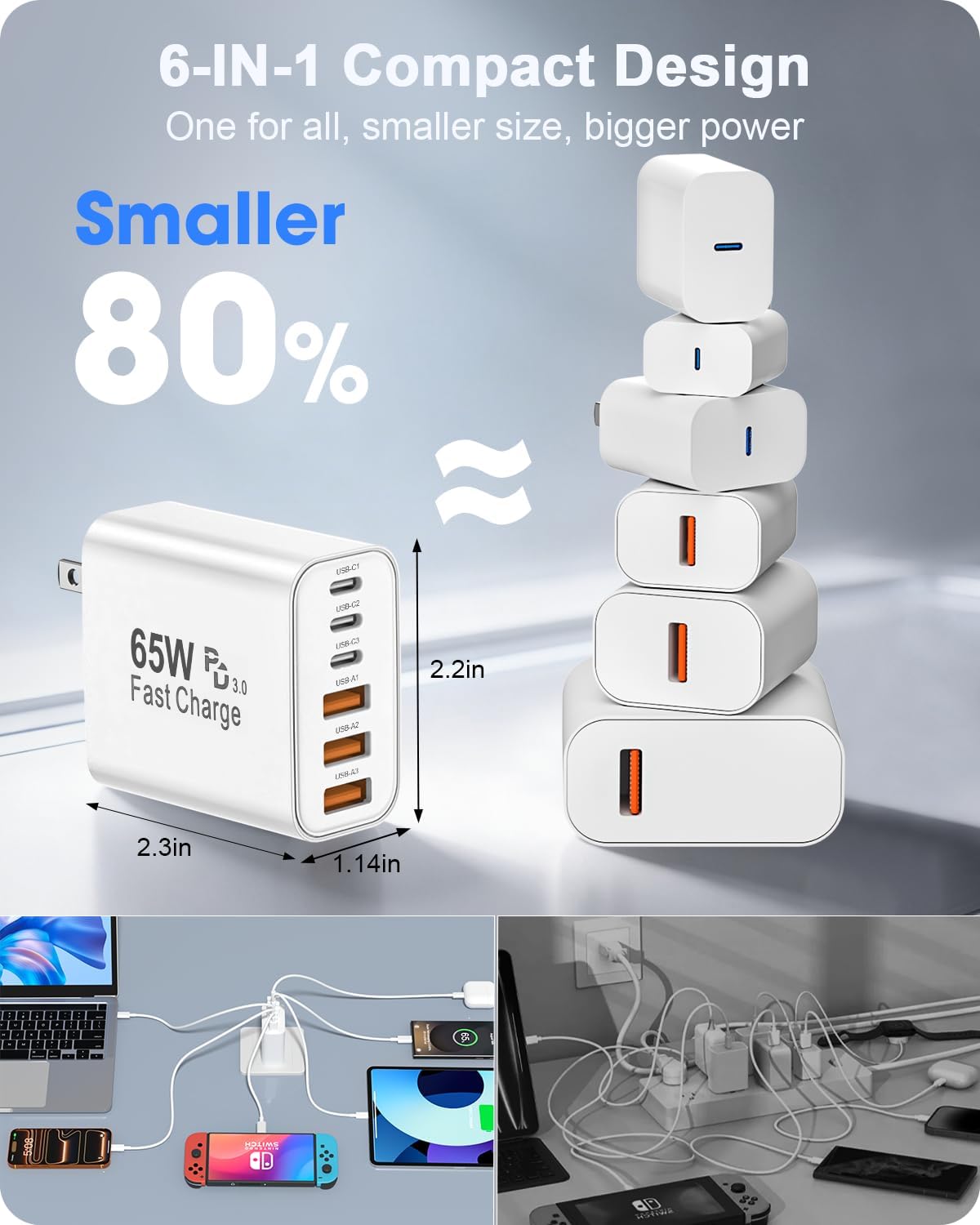 2-Pack 65W USB C Charger Block, 6-Port Fast Wall Charging Block [3 PD USB-C & 3 QC USB-A] for iPhone 17 16 15 Pro Max, iPad Pro, Galaxy S26 S25, Pixel 10 9, iWatch,Google & More