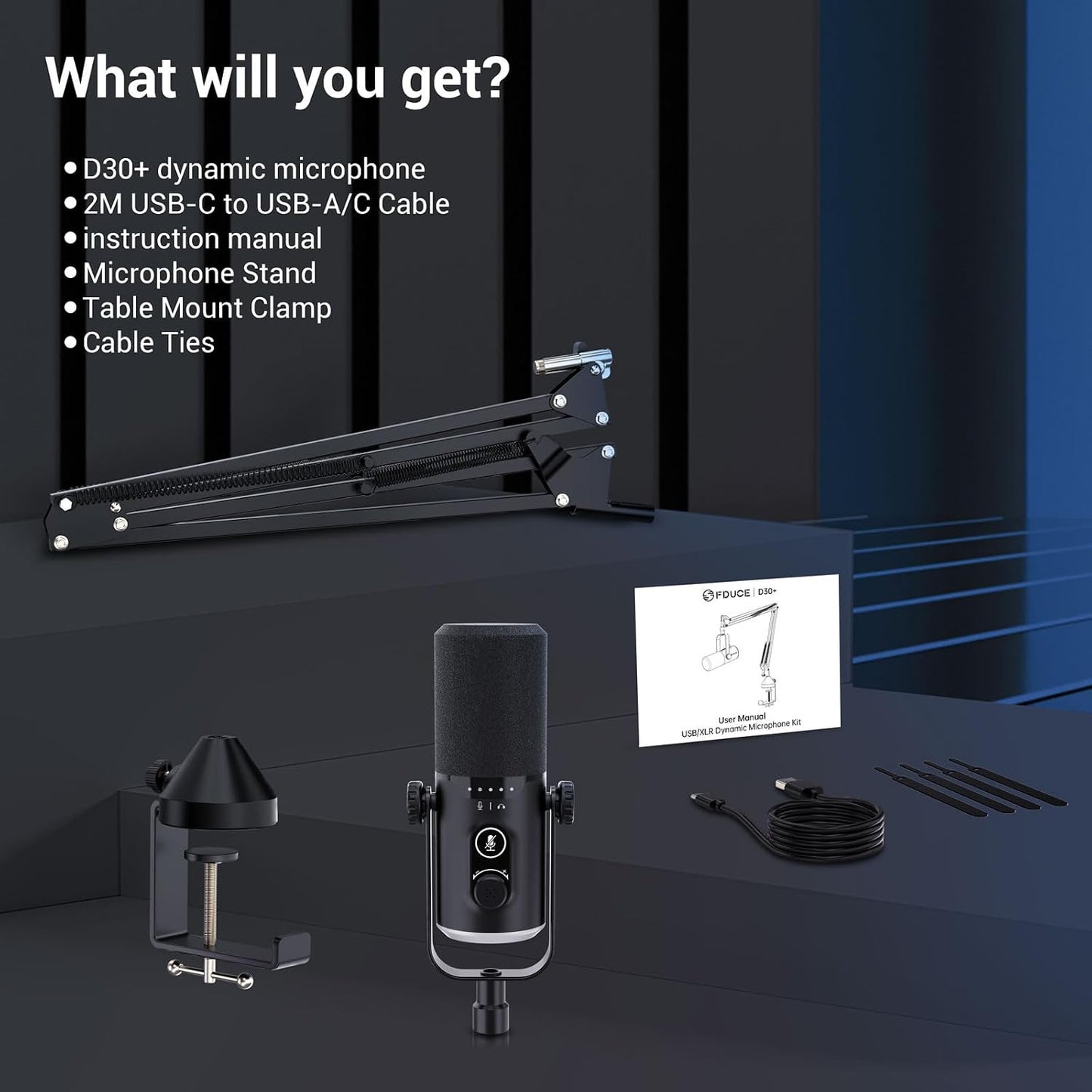 FDUCE USB/XLR Gaming Microphone kit, Dynamic PC Mic for Podcasting Streaming, Computer RGB Mic Kit with Boom Arm Stand, Mute Button and Headphone Jack, for Recording, Vocal Voice-Over (D30+)