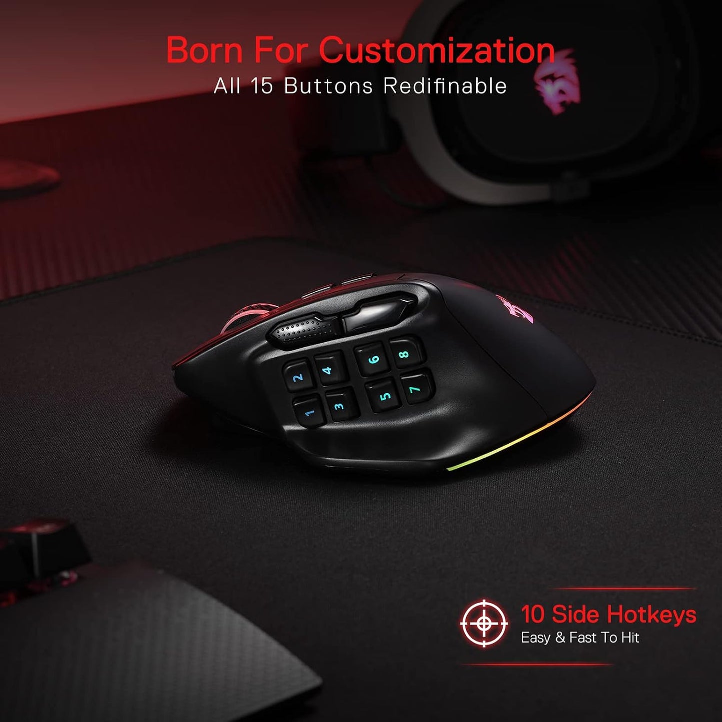 Redragon M811 PRO Wireless RGB Gaming Mouse 26K DPI Remapping Keys | Cable-Free 0 Delay Dedicated for FPS Gamers, Custom Macro Keybinds, Vibing Backlight, Ergonomic Grip Body Comfort