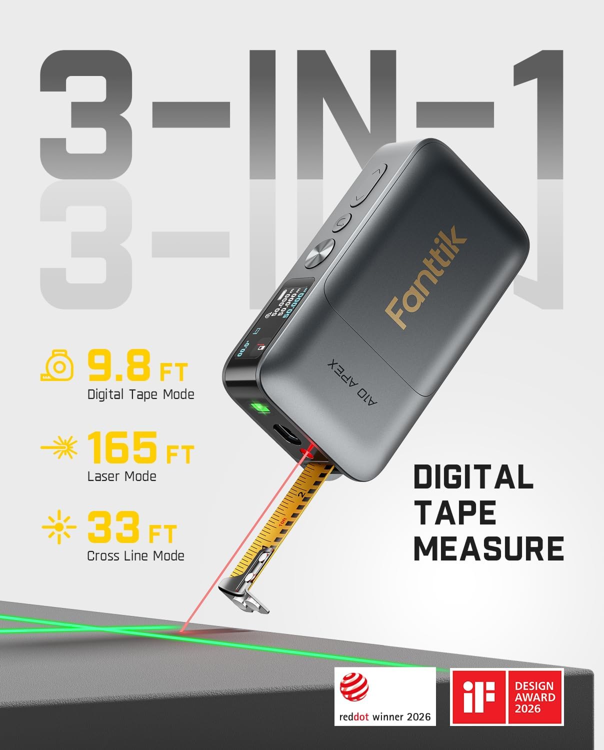 Fanttik A10 Apex 3-in-1 Digital Laser Tape Measure with Cross Line Laser | 165Ft Rechargeable Laser Measurement & 32Ft Green Cross Line Laser & 9.8Ft Tape, 6 Units, for Distance/Area/Volume/Leveling
