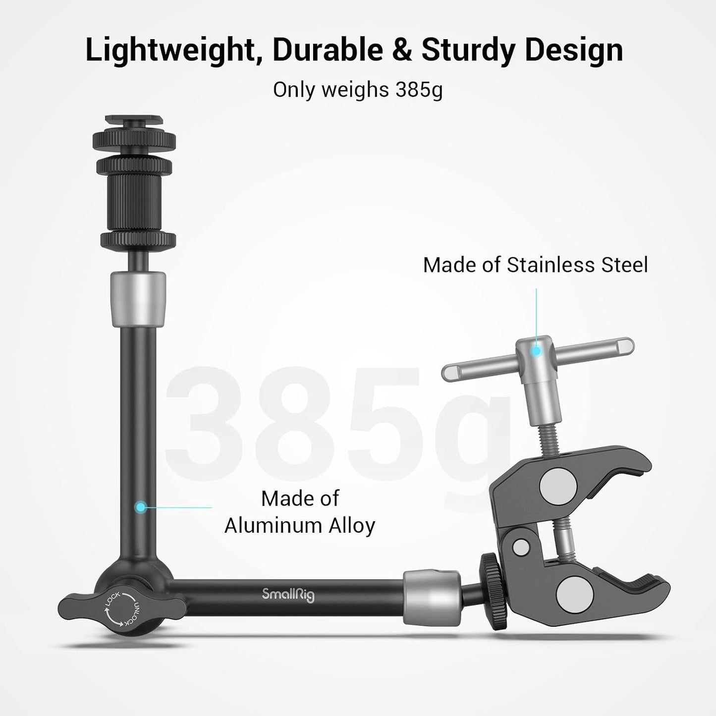 SMALLRIG 11'' Articulating Magic Arm and Clamp w/ 1/4" and 3/8" Thread, Adjustable Friction Power Camera Mount with Cold Shoe Mount for Monitor, LED Lights, Mic, for DJI/Insta360 Action Cameras - 3726