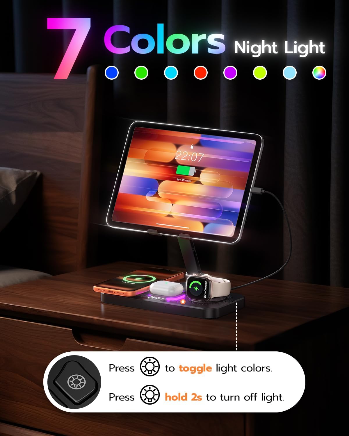 45W 6 in 1 Charging Station for Apple Multiple Devices with Clock & Light, 20W Fast Foldable Wired Charging Stand for iPad/Tab, Wireless Charger Design for MagSafe Charger for iPhone 17/iWatch/Airpods