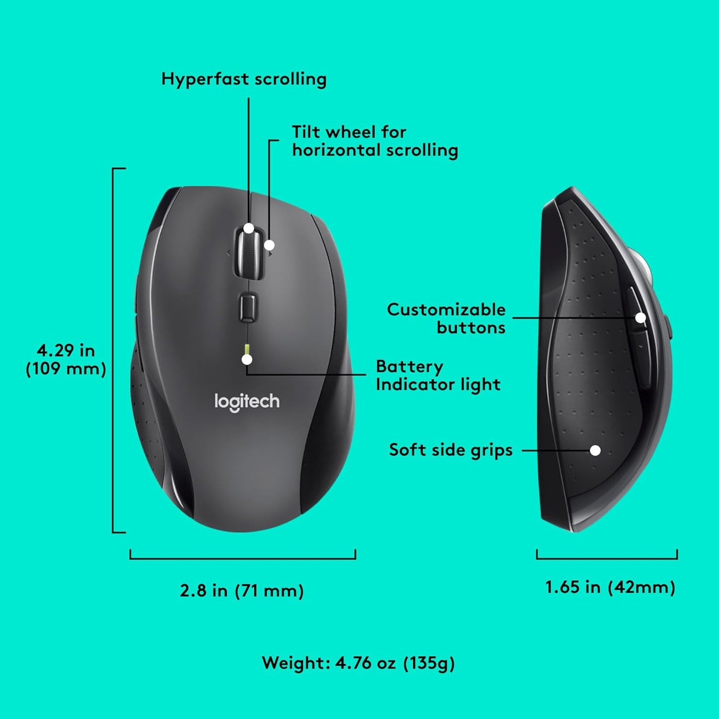 Logitech M705 Marathon Full Size 2.4 GHz Wireless Mouse - Black | Hyper-fast wheel, USB-A Nano Receiver, 5 customizable buttons, Windows Mac Linux compatible, certified for Chrome