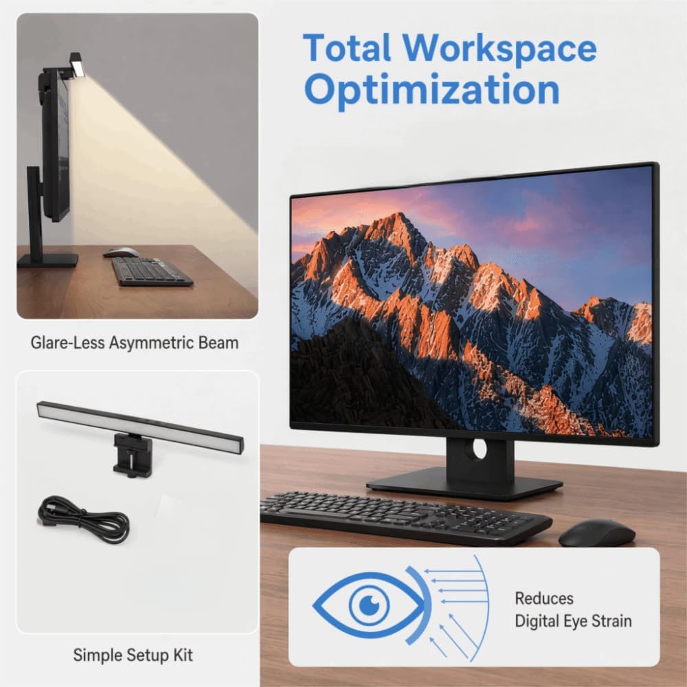 Laptop Monitor Lamp, Black LED Computer Monitor Light Bar, Anti Blue Light Clip-On ABS Screen Lamp, 13 x 0.6 in