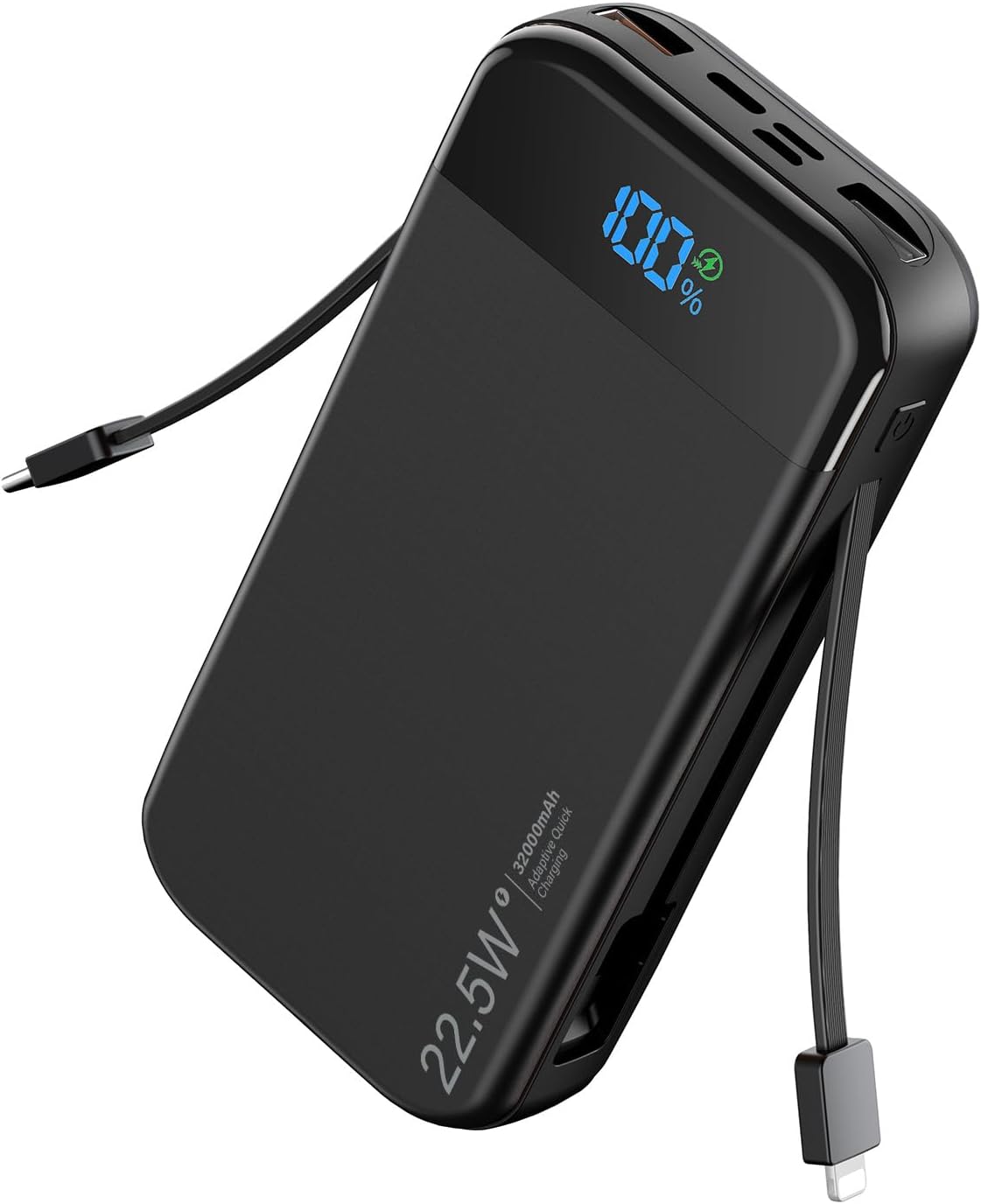 Phone Battery Bank 32000mAh 22.5W w/Built-in Cables & USB C Fast | High capacity,Fast charging,5 Outputs 3 Inputs,LED display,Travel camping essential with iPhone & Andriod