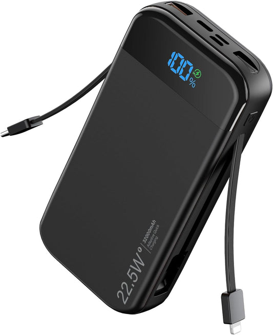 Phone Battery Bank 32000mAh 22.5W w/Built-in Cables & USB C Fast | High capacity,Fast charging,5 Outputs 3 Inputs,LED display,Travel camping essential with iPhone & Andriod
