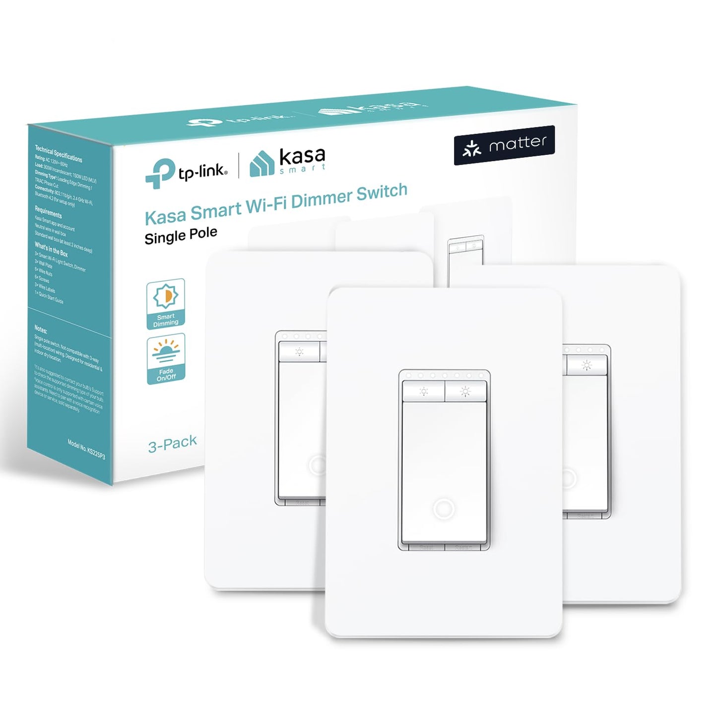 Kasa Smart Dimmer Switch HS220P3, Single Pole, Needs Neutral Wire, 2.4GHz Wi-Fi Light Switch Works with Alexa and Google Home, UL Certified,, No Hub Required, 3-Pack