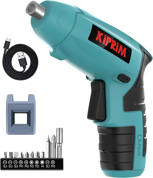 Kiprim ES3 4V Cordless Electric Screwdriver, Power Indicator Light Blue | Compact 4V cordless screwdriver with built‑in rechargeable battery.Equipped with front LED working light and power indicator.