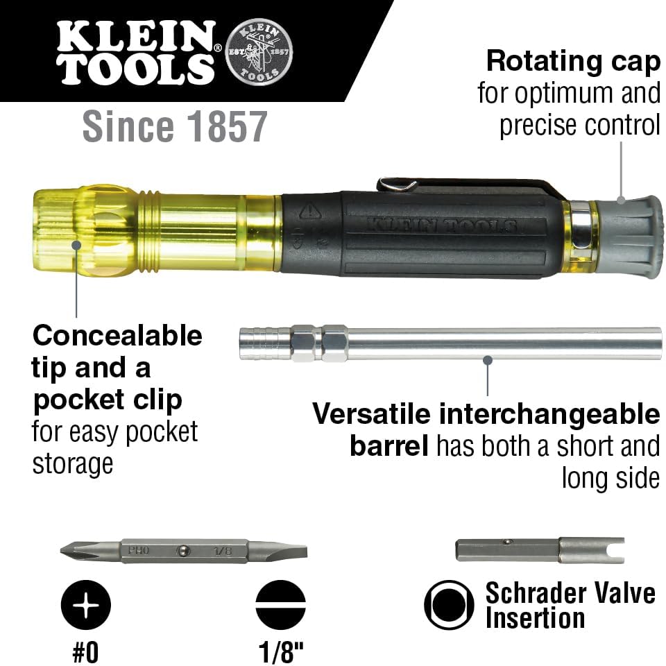 Klein Tools 32613 Multi-Bit Screwdriver, Precision HVAC 3-in-1 Pocket Screwdriver with Phillips, Slotted and Schrader Bits