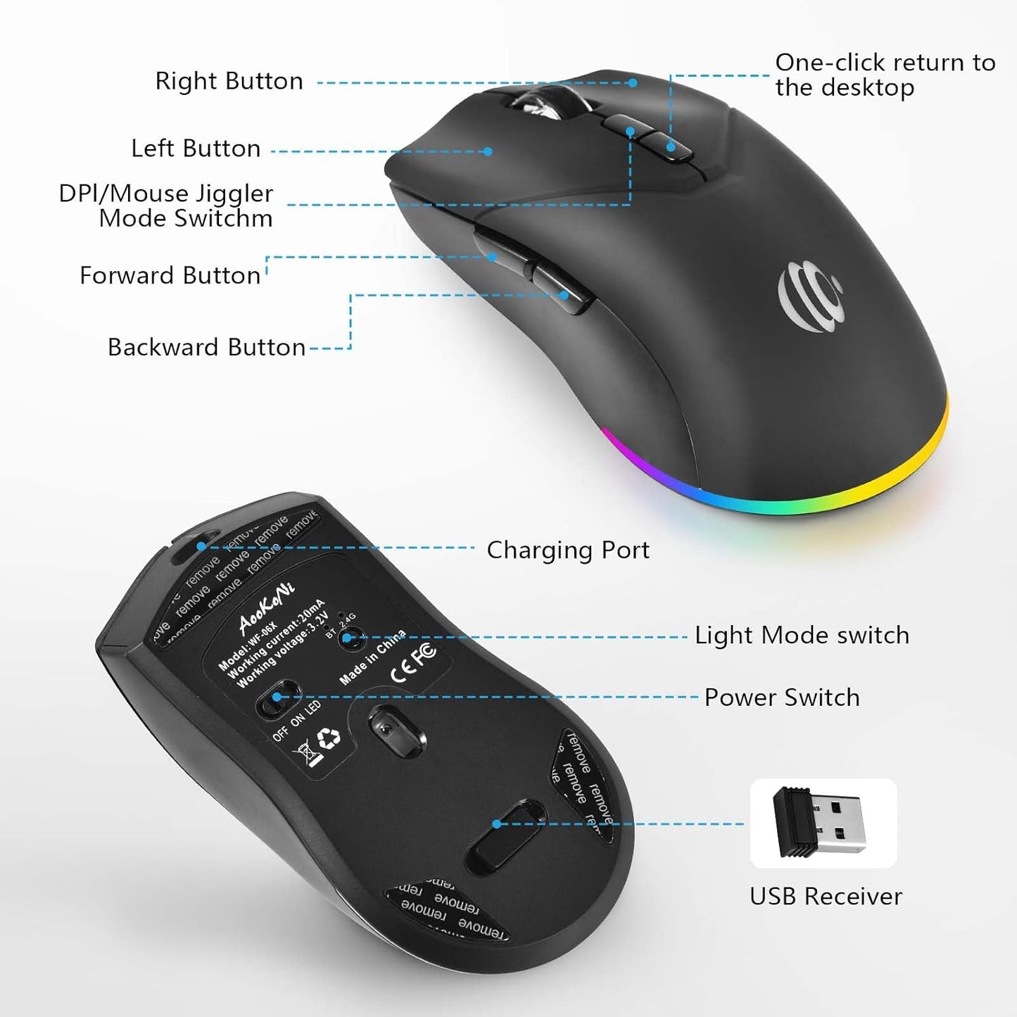 Wireless Mouse, Bluetooth Rechargeable Mouse, Dual Mode BT 5.2 + 2.4G USB Silent Wireless Bluetooth Mouse, RGB Ergonomic Design, 3-Level Adjustable DPI Mouse for Laptop, PC, Mac, Ipad, Black
