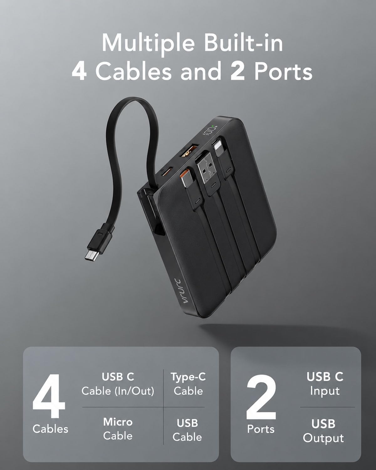 VRURC Portable Charger with Built-in Cables, 10000mAh 22.5W Fast Charging USB C Power Bank with LED Digital Display, Slim Battery Pack for iPhone 17/16/15 &amp; Samsung Galaxy &amp; Android Phones (Black)