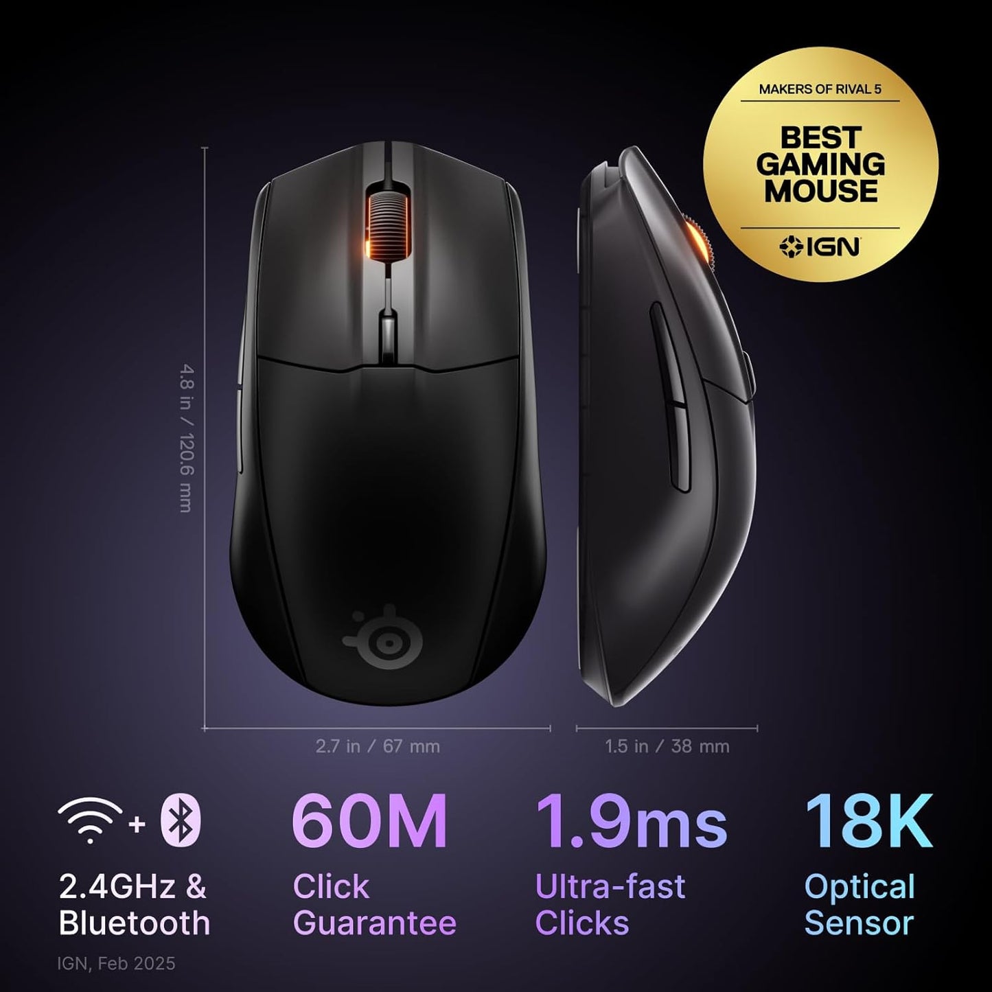 SteelSeries Rival 3 Wireless Gen 2 Gaming Mouse — 2.4GHz and Bluetooth — 18000 DPI TrueMove Air Optical Sensor — 60 Million Click Durability — Light-Weight — 100% PTFE Feet — Black (Renewed)