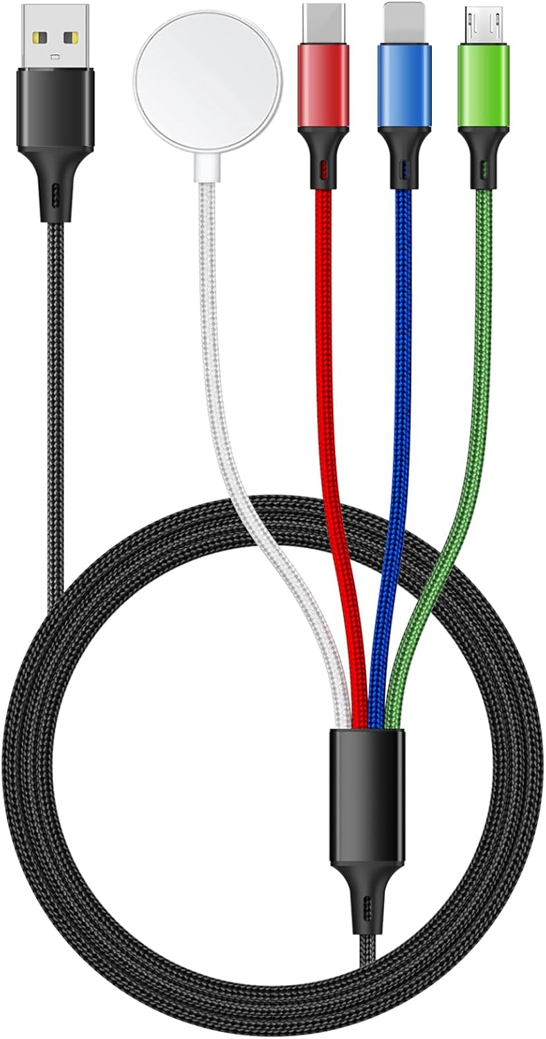 Travel Essentials 4 in 1 iWatch & iPhone Charger,Multi Charging Cable for Apple Watch Charger USB C Micro Nylon Compatible with iWatch Ultra/SE/10/9/8/7/6/5/4/3/iPhone 16/15/14/13 Galaxy Phone(4FT)