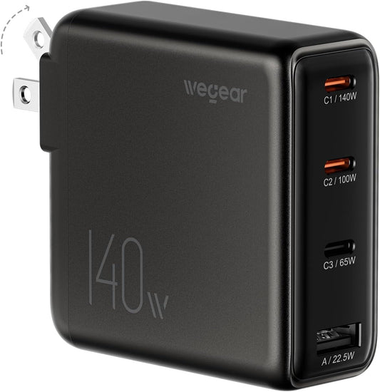 140W USB-C Charger for Laptop, Slim 4-Port PD 3.1 GaN Block-Black | Fast Charging, Foldable Plug, Type‑C Wall Charger Power Adapter for MacBook Air/Pro, iPad, iPhone 17/16, Galaxy S25