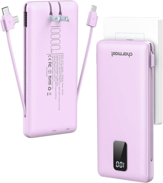 charmast Portable Charger with Built-in Cables and AC Wall Plug | 10000mAh Power Bank with 4 Outputs,USB-C & USB-A Battery Pack,Slim Travel Phone Charger for iPhone,iPad,Samsung,Android